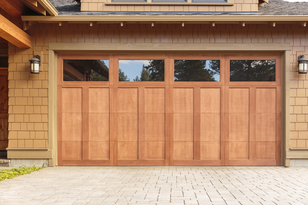 a closed, brown wood garage door